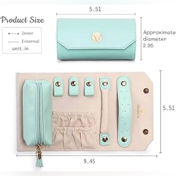 Vegan Leather Mint Green Travel Jewelry Organizer Compact Roll Up Case NWOT - Picture 6 of 17
